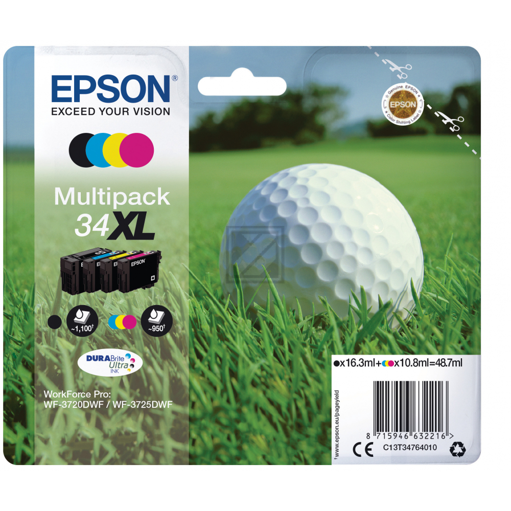 ORIGINAL Epson Multipack Schwarz / Cyan / Magenta / Gelb C13T34764010 34XL 4 Tintenpatronen: T3471 + T3472 + T3473 + T3474