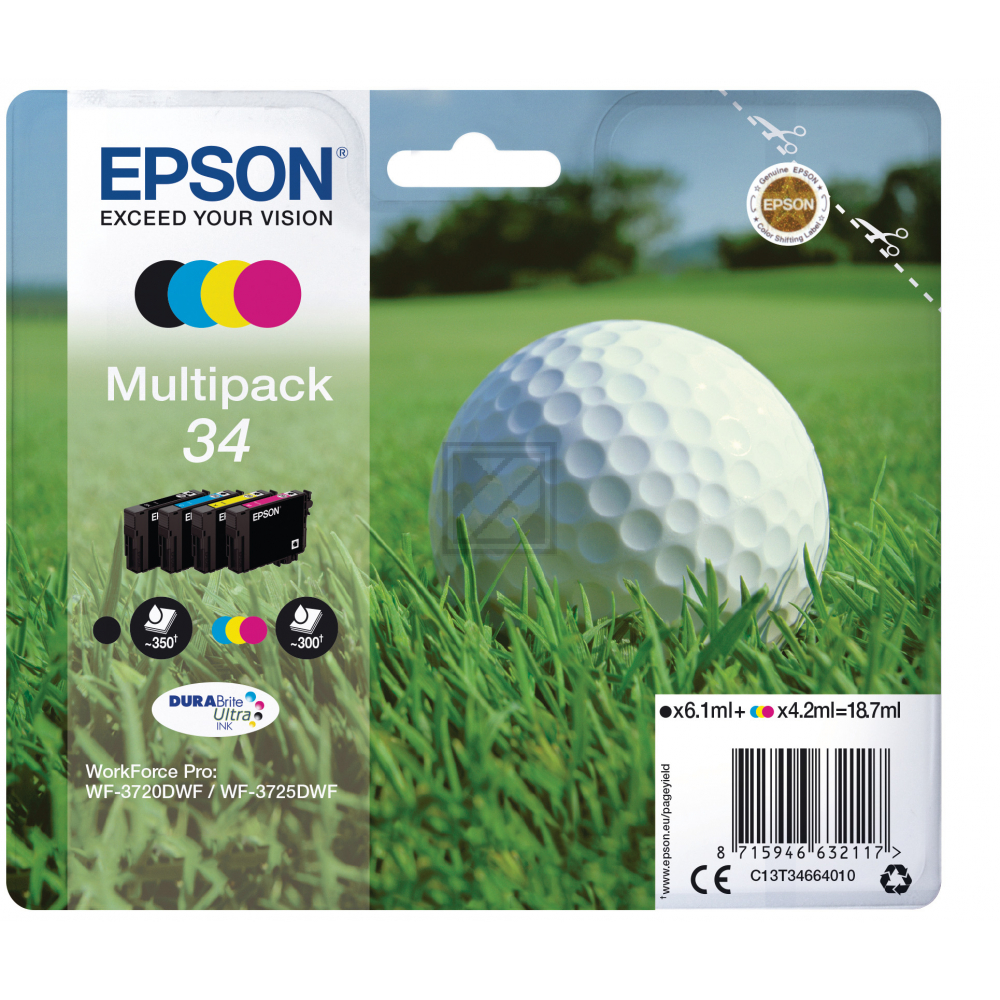 ORIGINAL Epson Multipack Schwarz / Cyan / Magenta / Gelb C13T34664010 34 4 Tintenpatronen: T3461 + T3462 + T3463 + T3464