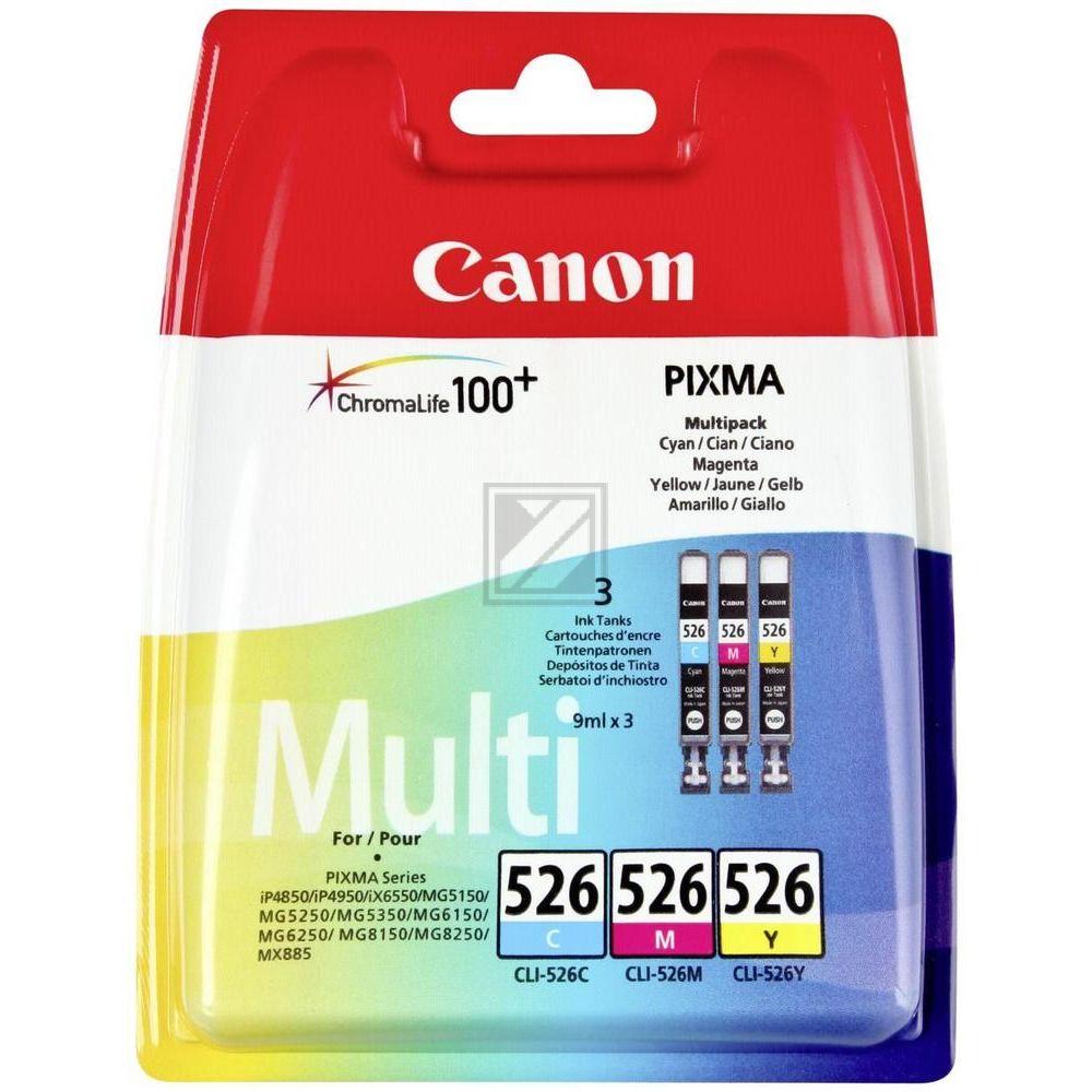 ORIGINAL Canon Multipack Cyan / Magenta / Gelb CLI-526 4541B009 3 Tintenpatronen: CLI-526c + CLI-526m + CLI-526y je 9,0ml