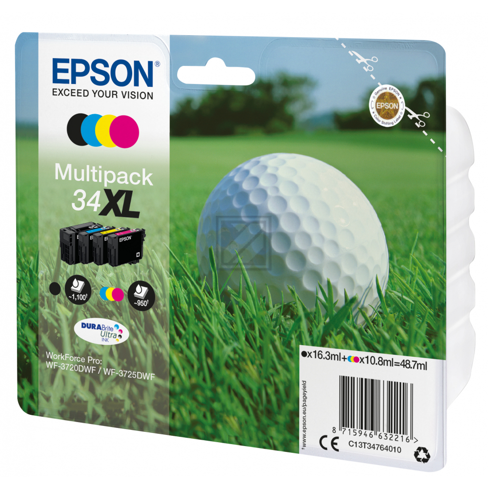 ORIGINAL Epson Multipack Schwarz / Cyan / Magenta / Gelb C13T34764010 34XL 4 Tintenpatronen: T3471 + T3472 + T3473 + T3474