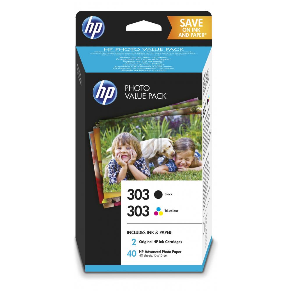 ORIGINAL HP Value Pack Schwarz / mehrere Farben Z4B62EE 303 2 Tintenpatronen HP 303: T6N02AE + T6N01AE + 40 Blatt HP Advanced Fotopapier im Format 10 x 15 cm 250 g/m²