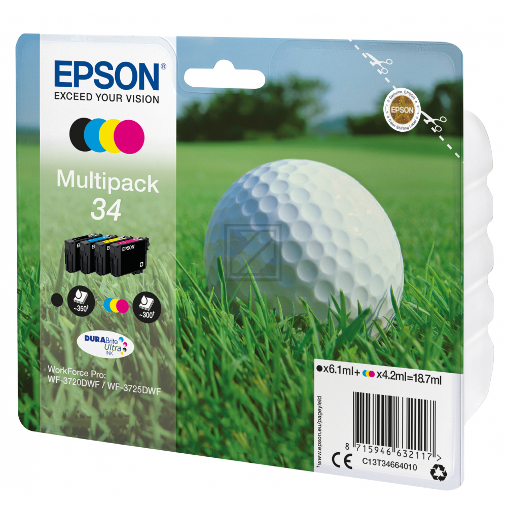 ORIGINAL Epson Multipack Schwarz / Cyan / Magenta / Gelb C13T34664010 34 4 Tintenpatronen: T3461 + T3462 + T3463 + T3464